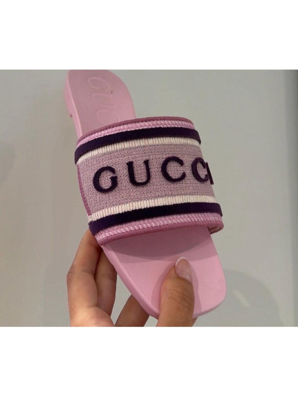 Gucci Pink and Purple Embroidered Logo Slide